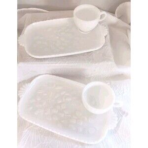 Hazel Atlas Milk Glass Dogwood Pattern Snack Tray with Cup Set Of 2